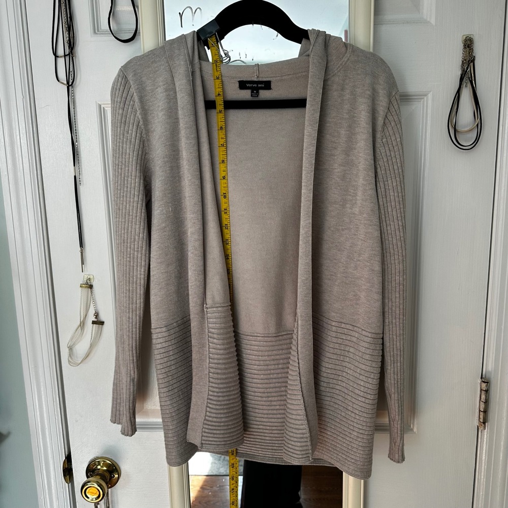 Verve Ami Beige Ribbed Knit Hooded Open Cardigan Sweater Women's M
